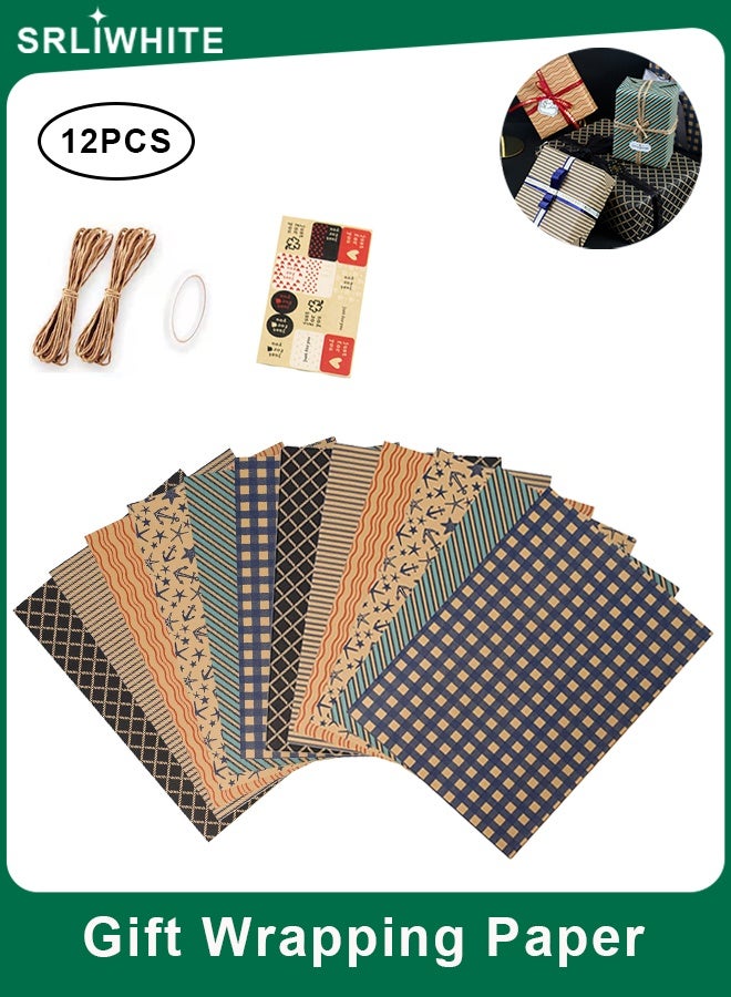 SRLIWHITE 12PCS Gift Wrapping Paper with Cutlines,  Blue Nautical Striped and Anchor Design Gift Wrap with Ribbon and Stickers for Birthday, Holiday, and Wedding（50*70cm） - Image 1